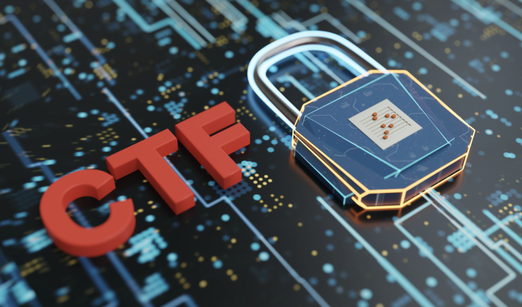 A 3D-rendered padlock on a digital circuit board with the bold letters 'CTF,' representing Elusive Data’s hands-on Capture the Flag (CTF) challenges in cybersecurity and digital forensics training.