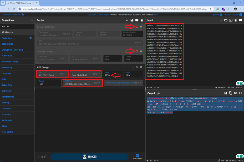 CyberChef recipe decrypting Apple Notes BLOB using AES-GCM mode