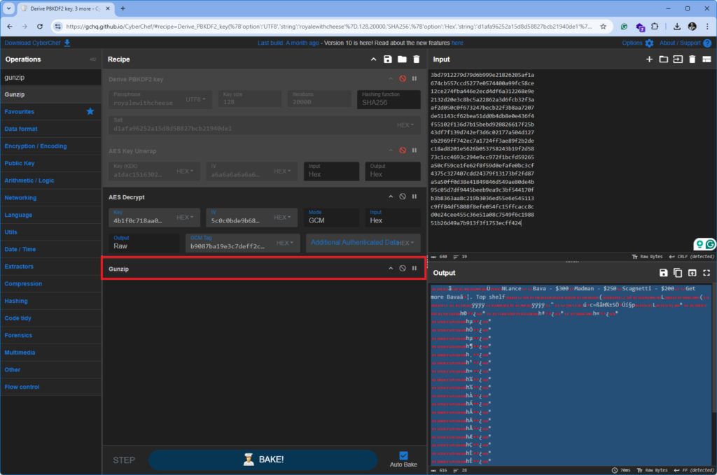 CyberChef showing decompressed Apple Notes protobuf data after GZIP extraction