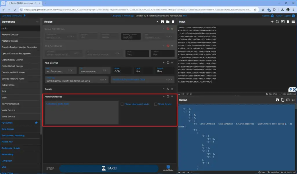 CyberChef-Ansicht von Apple Notes protobuf dekodierte Struktur mit JSON-ähnlichem Format