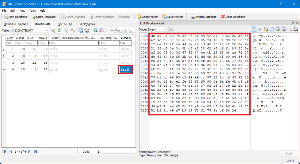 DB Browser with encrypted Apple Note BLOB data highlighted