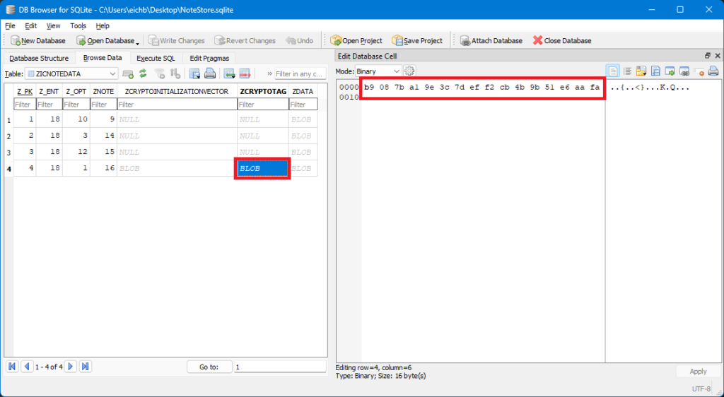 DB Browser showing the GCM Tag used for AES-GCM decryption