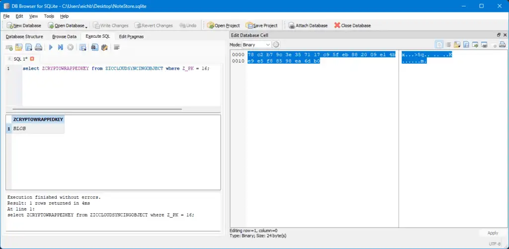 SQLite-Abfrage nach dem unwrapped.key, der für die Entschlüsselung von App-Notizen unter iOS16 benötigt wird