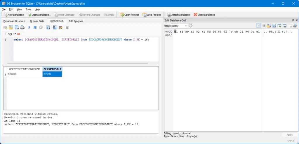 Abfrage von NoteStore.sqlite nach dem Salt und der Iterationszahl, die benötigt werden, um den für die Entschlüsselung gesperrter Apple Notes erforderlichen KEK zu erhalten