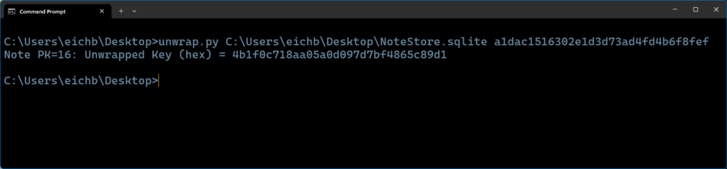 Python script unwrap.py showing decrypted AES key for locked Apple Notes