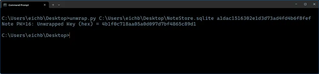 Python-Skript unwrap.py zeigt entschlüsselten AES-Schlüssel für gesperrte Apple Notes