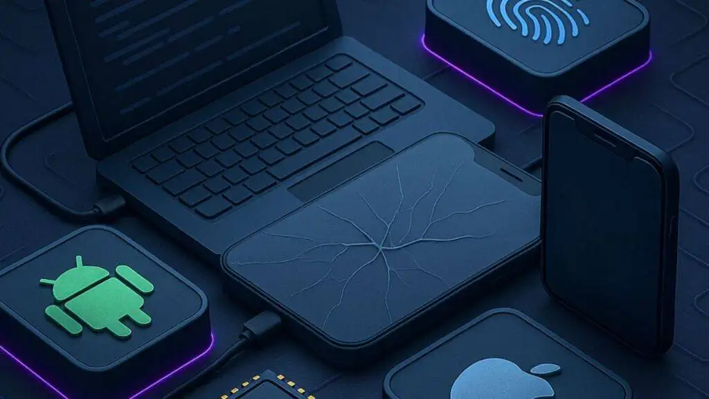 Laptop e dispositivi mobili con icone di app per la formazione sulla mobile forensics