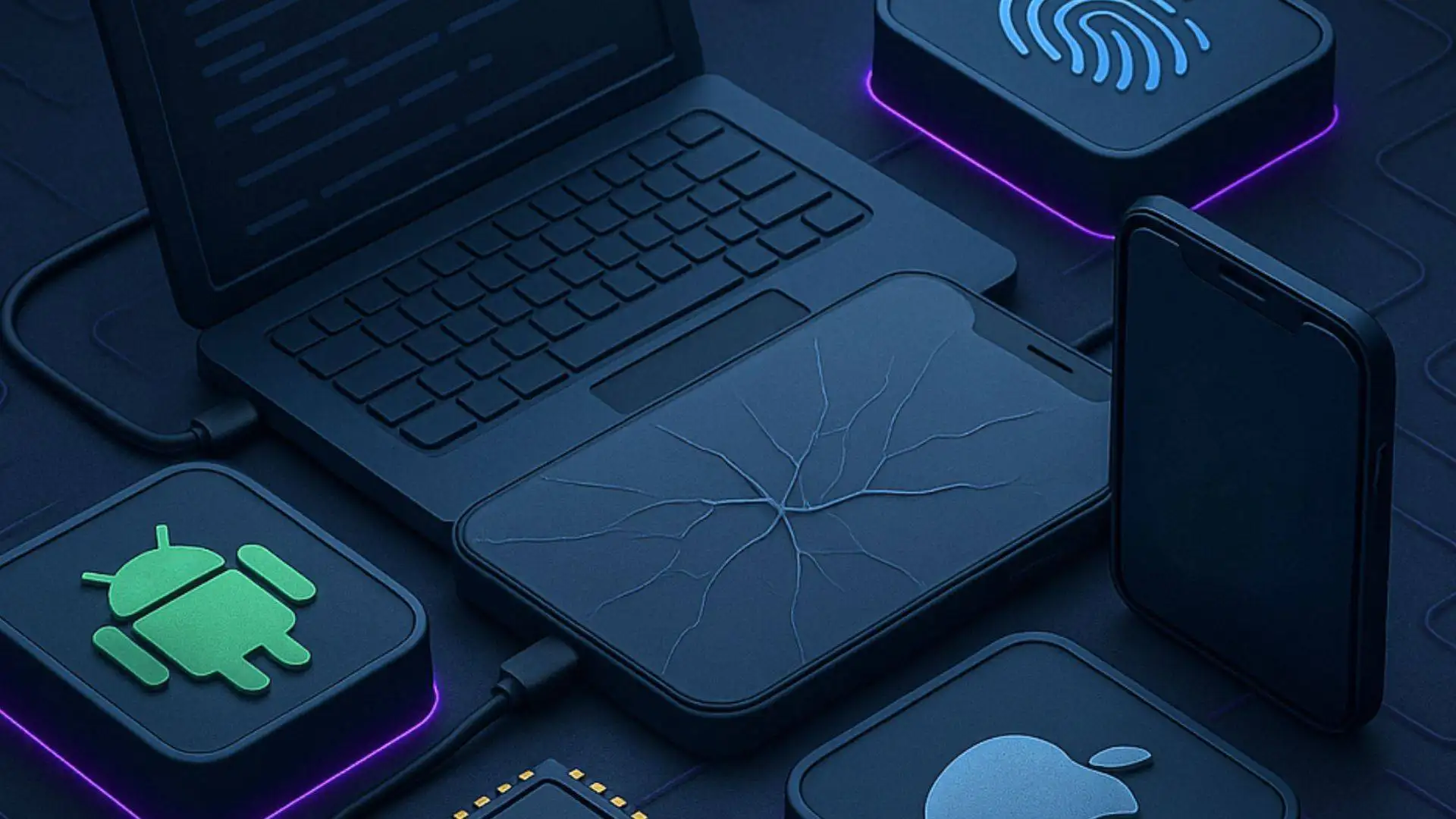 Laptop and mobile devices with app icons for mobile forensics training