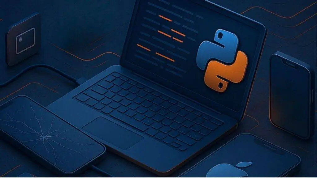 Laptop with Python code and forensic devices for scripting investigations