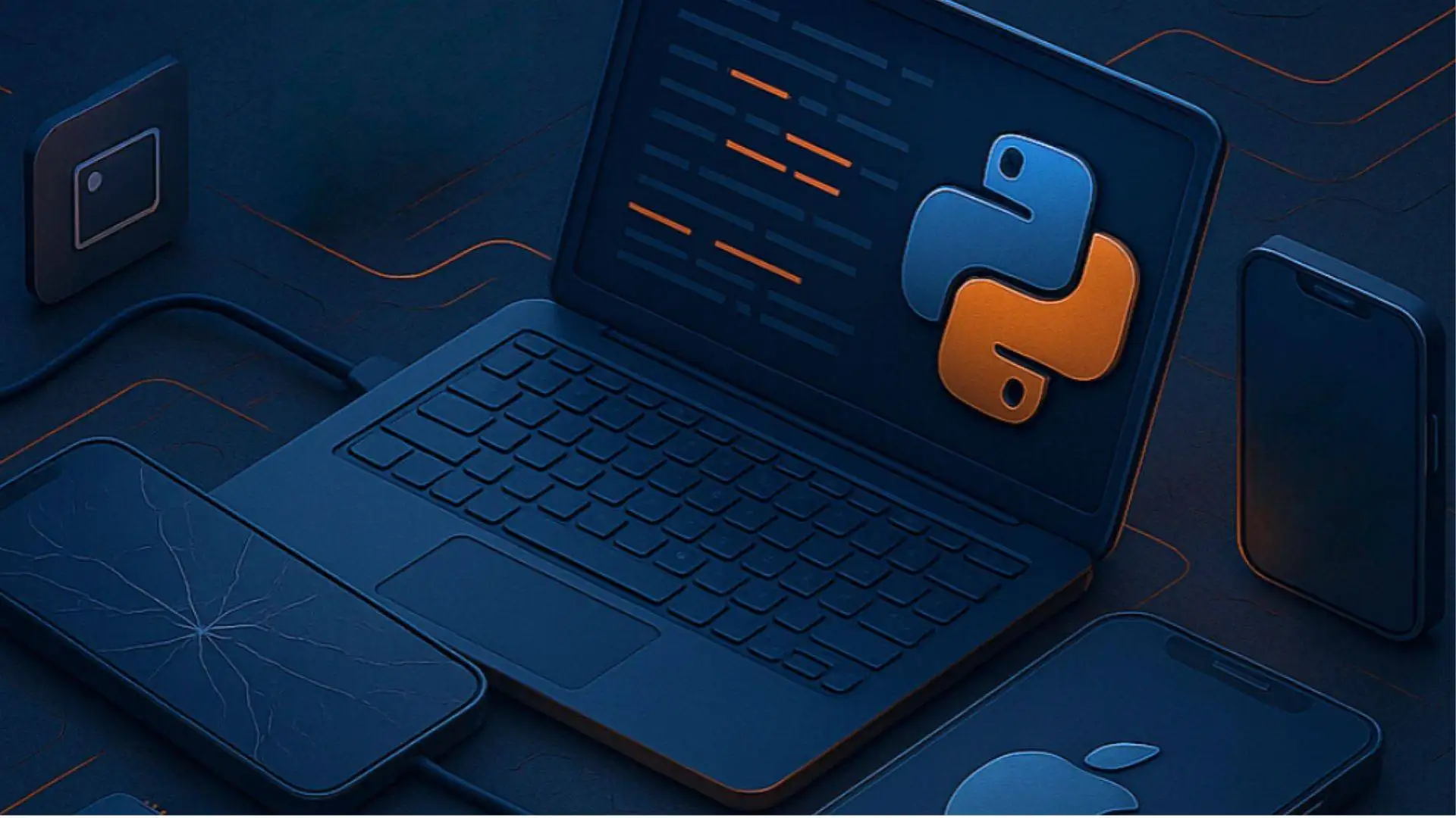 Laptop with Python code and forensic devices for scripting investigations