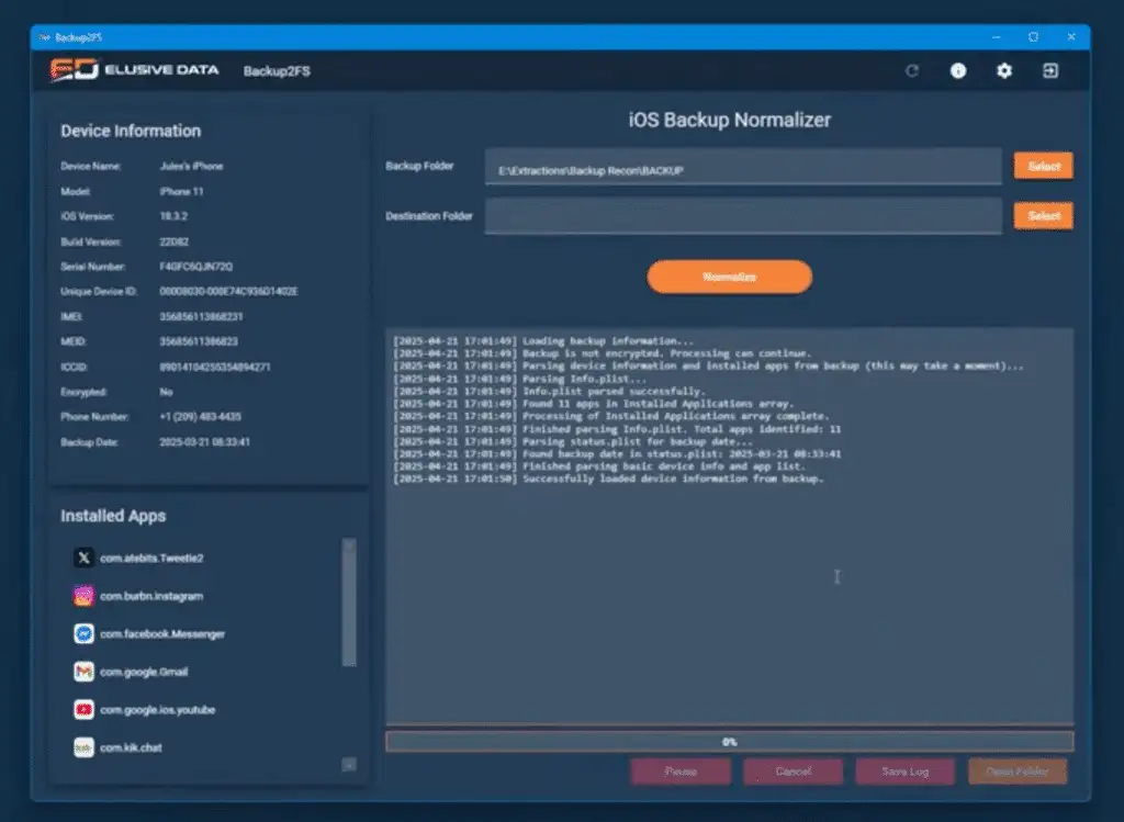 Screenshot showing Backup2FS normalizing an iOS backup into a readable file system for forensic analysis.