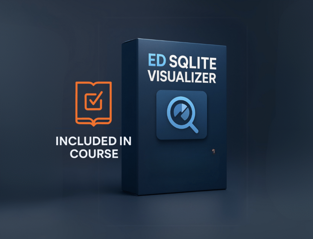 ED SQLite Visualizer」と書かれた3Dレンダリングされたソフトウェアボックスと青いフォレンジック分析アイコン。その横にあるオレンジ色のバッジには「コースに含まれています」と書かれており、このツールがトレーニングの一部として提供されていることを示しています。