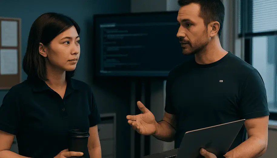 Two digital forensic consultants discussing lab setup and investigation strategy in a technical workspace.