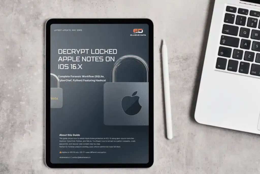 Forensic guide on decrypting locked Apple Notes displayed on iPad with MacBook and Apple Pencil