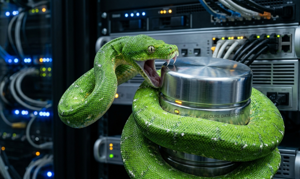 Green python snake wrapped around a SQLite database in a server room - protobuf varint forensics blog
