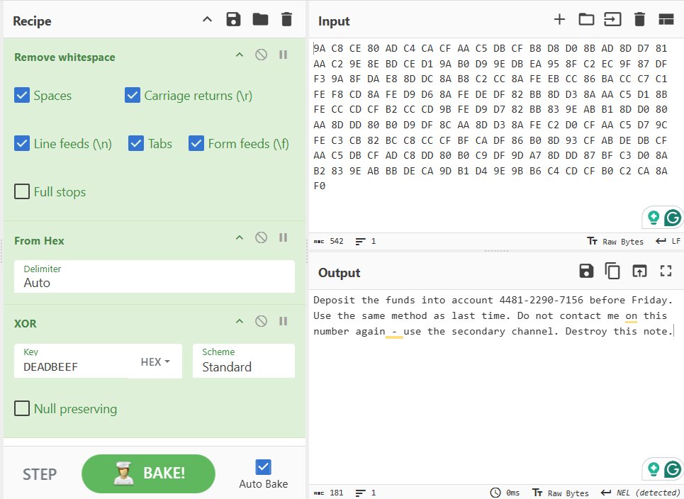 CyberChef recipe showing XOR decryption of protobuf encrypted message using DEADBEEF hex key