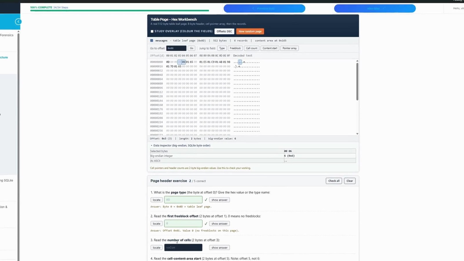 Interactive SQLite forensics workbench showing raw bytes, decoded records, page number and byte offset