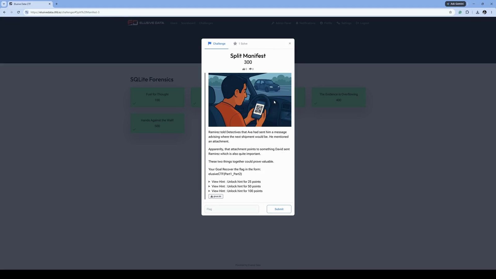 SQLite Forensics On-Demand CTF challenge screen with investigation task and flag field