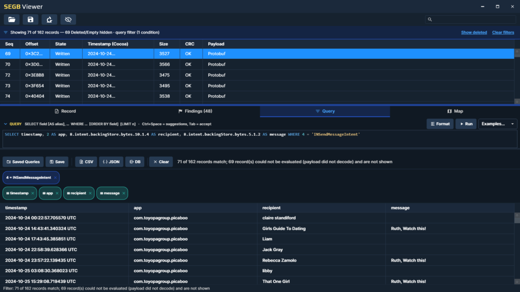 Firefly SEGB Viewer showing queryable Apple Biome records
