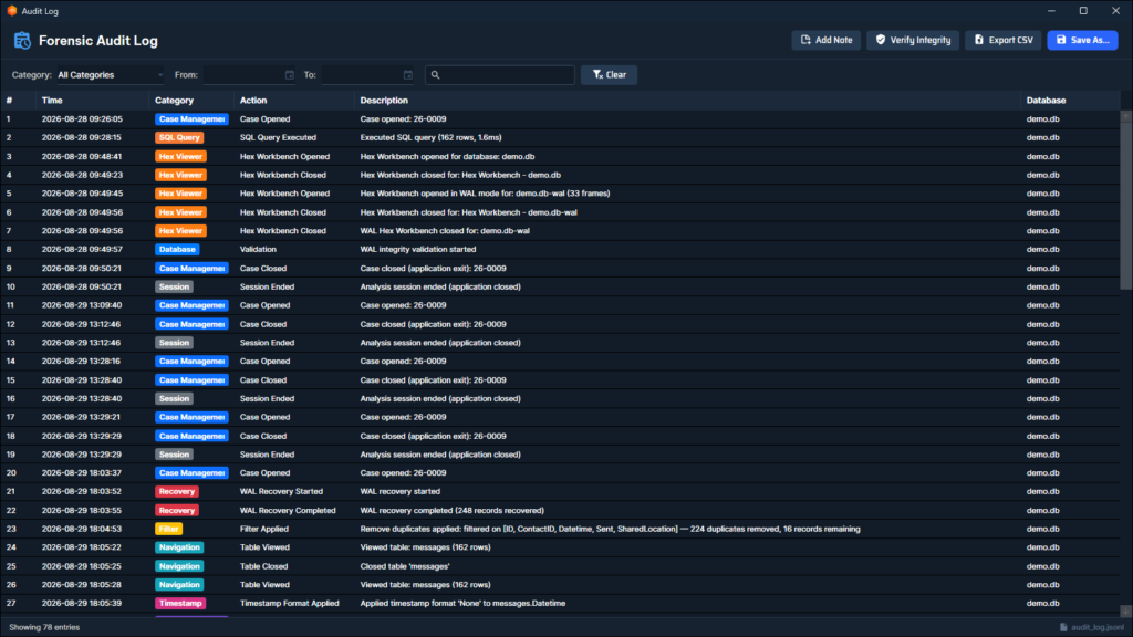 Firefly forensic audit log supporting integrity and provenance