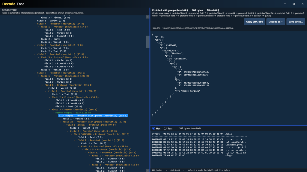 Firefly Decode Tree showing nested and embedded app data