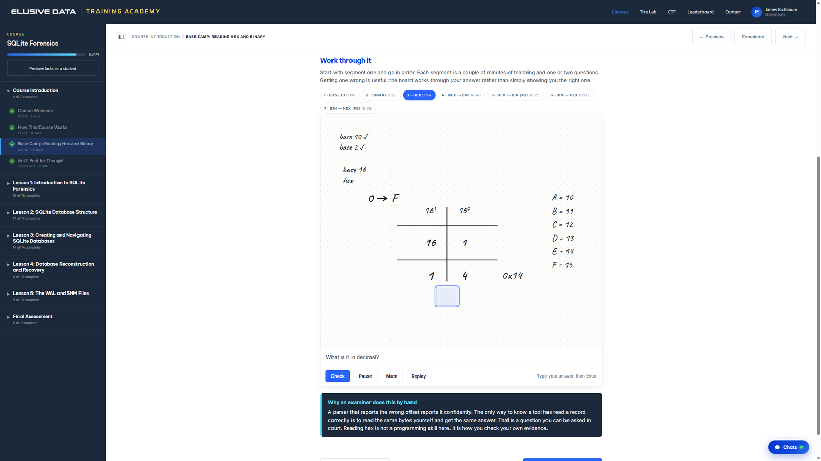 Visual whiteboard walkthrough connecting SQLite structures to forensic decisions