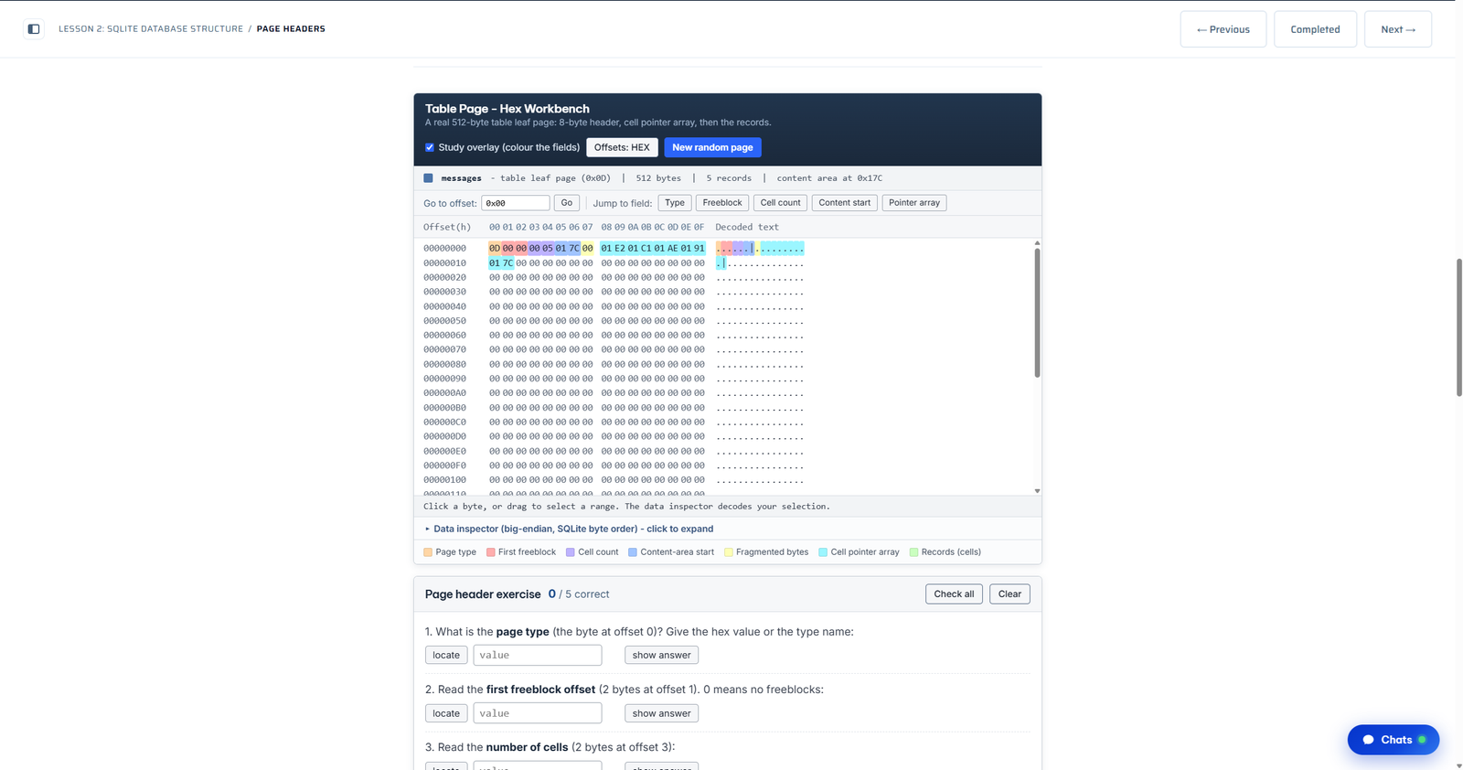 Interactive SQLite workbench tracing decoded values to source bytes and offsets