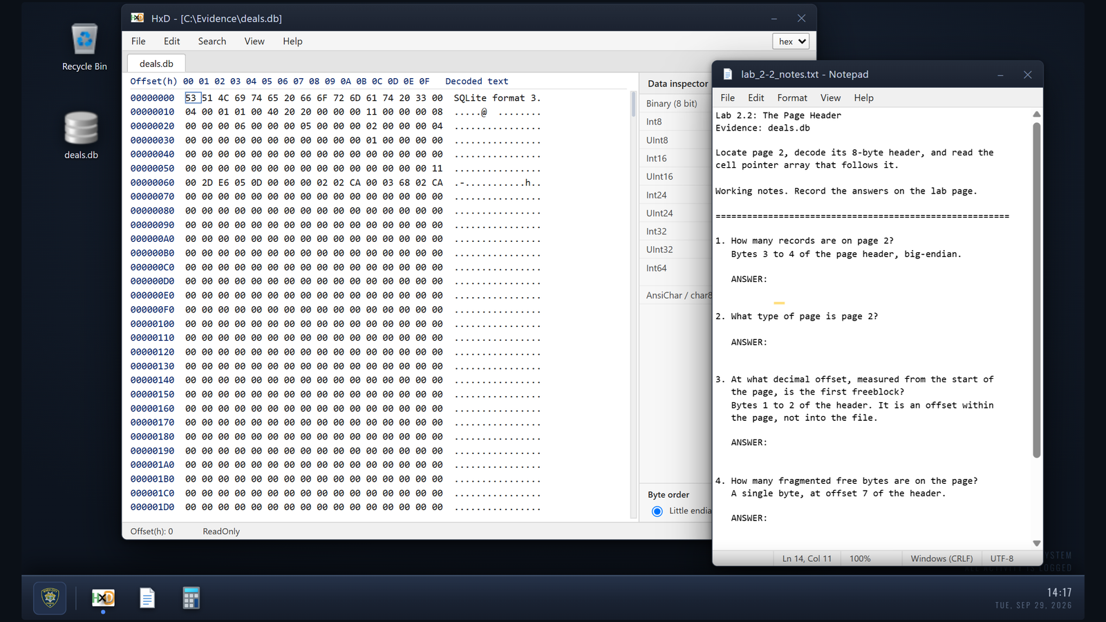 Simulated Windows workstation used for browser-based SQLite forensic activities