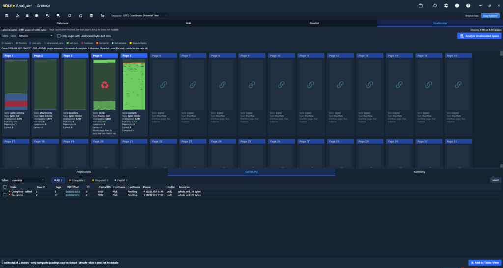 Firefly Unallocated tab showing free space inside SQLite pages and carved records