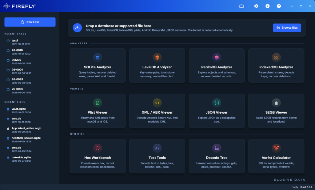 Firefly start screen with analyzers for SQLite, LevelDB, RealmDB and IndexedDB, viewers for plists, XML, JSON and SEGB, and the Hex Workbench and Decode Tree utilities