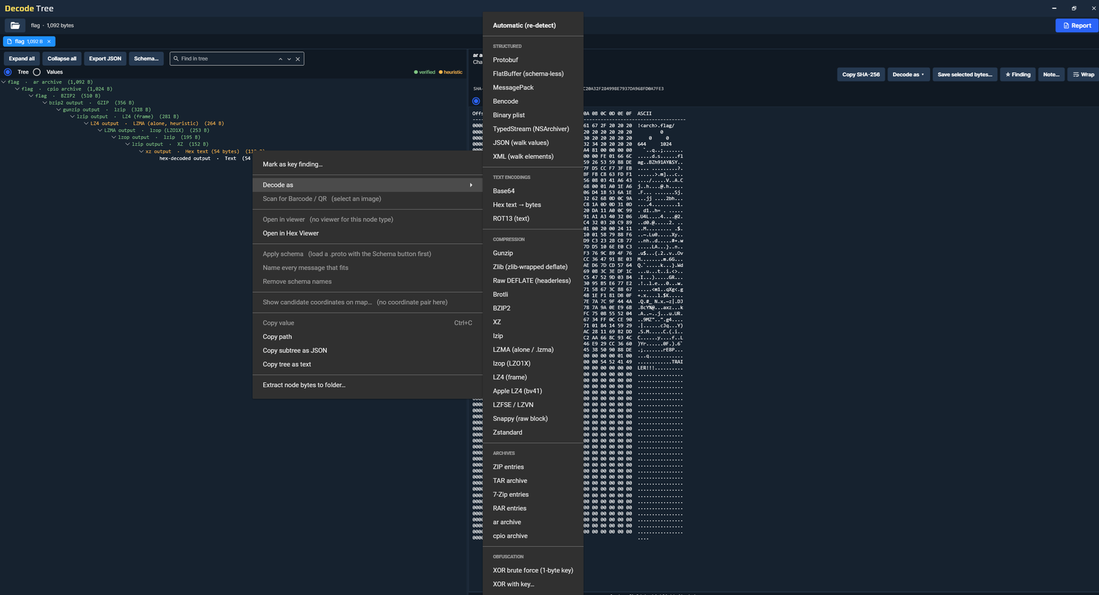 Firefly Decode Tree Decode as menu showing supported decoder categories