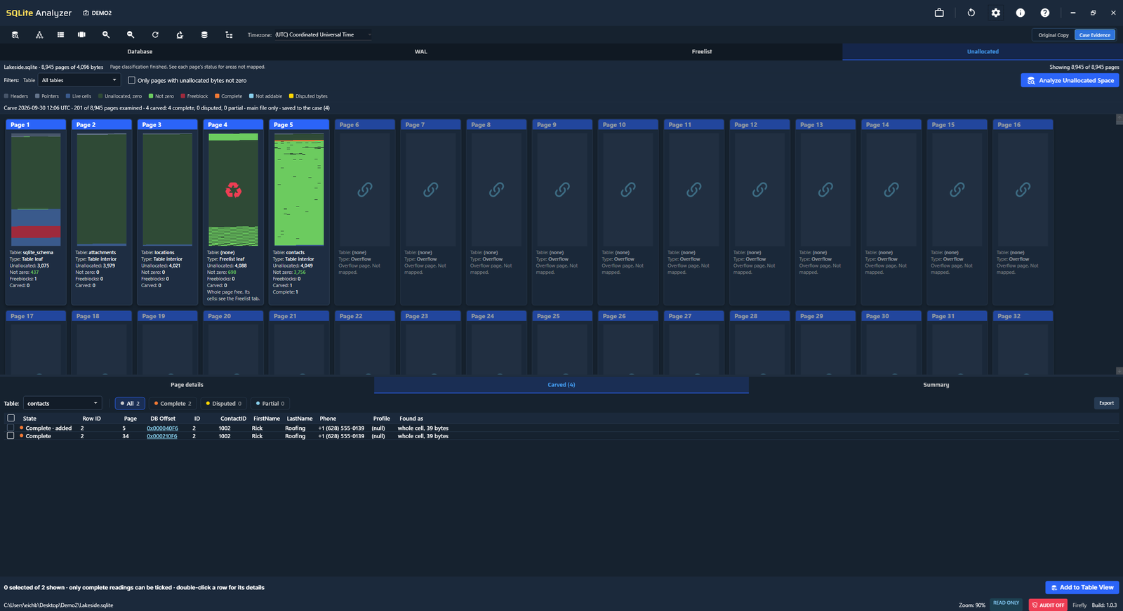 Firefly SQLite Analyzer Unallocated tab showing SQLite page free space and surviving record material