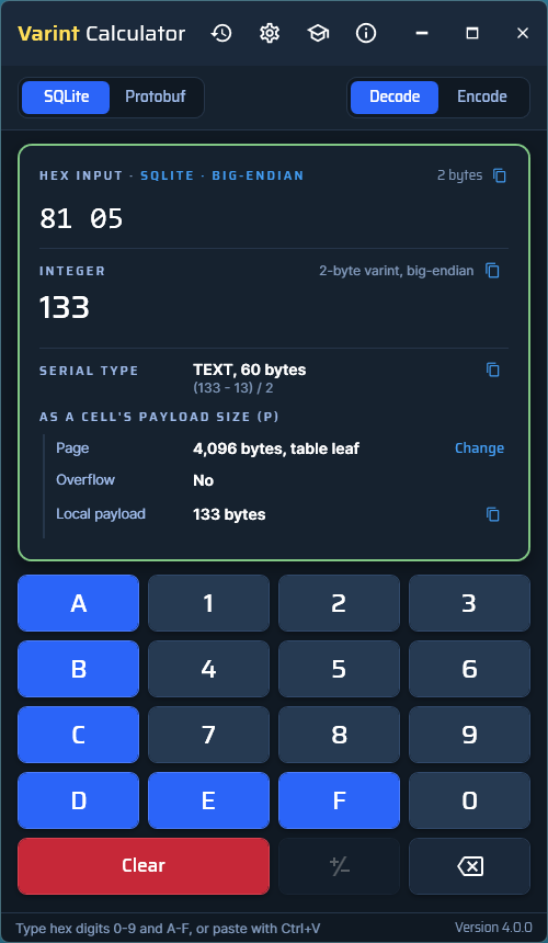 Varint Calculator 4.0.0 decoding a SQLite varint and showing payload information