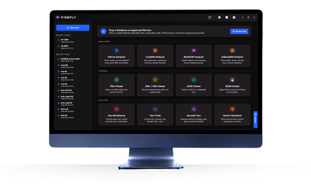 Firefly workspace: one connected launcher for the SQLite, RealmDB, LevelDB, IndexedDB and Apple Biome analyzers, viewers and forensic utilities.